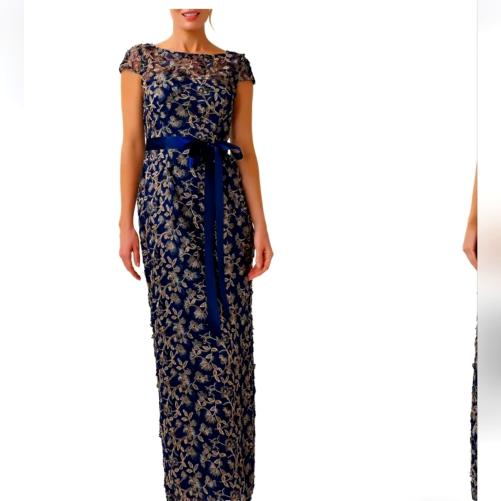 Adrianna Papell Navy Blue Sheath Dress with Cap Sleeves